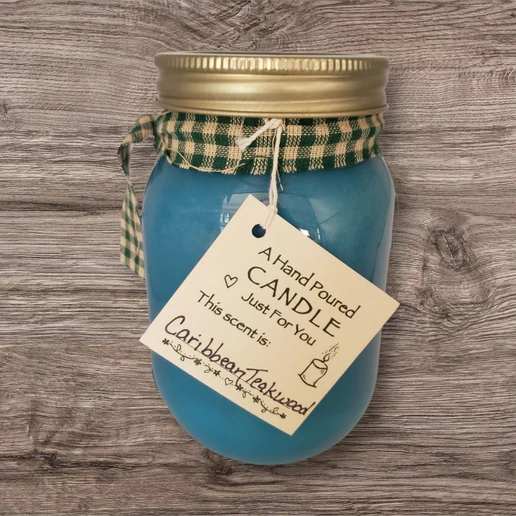 Hand poured Soy Wax Candle with Caribbean Teakwood Fragrance.