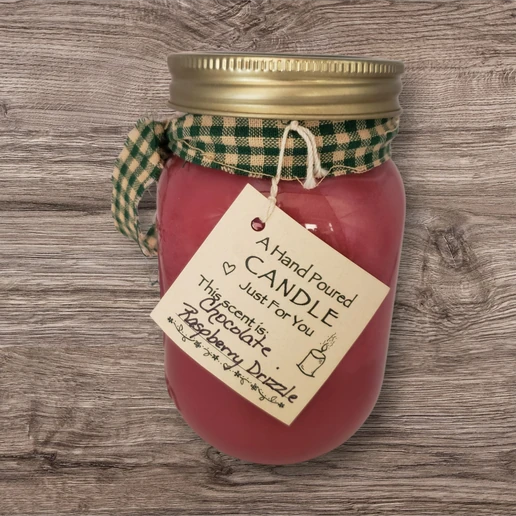 Hand poured Soy Wax Candle with Chocolate Raspberry Drizzle Fragrance.