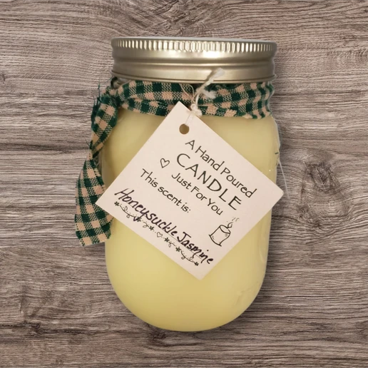 Hand poured Soy Wax Candle with Honeysuckle Jasmine Fragrance.