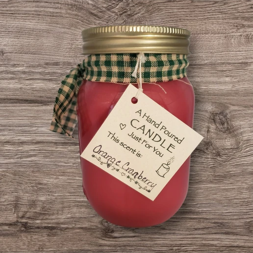Hand poured Soy Wax Candle with Orange Cranberry Fragrance.