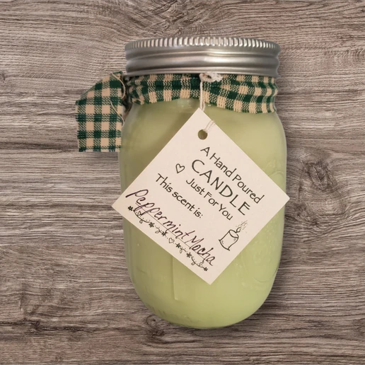 Hand poured Soy Wax Candle with Peppermint Mocha Fragrance.